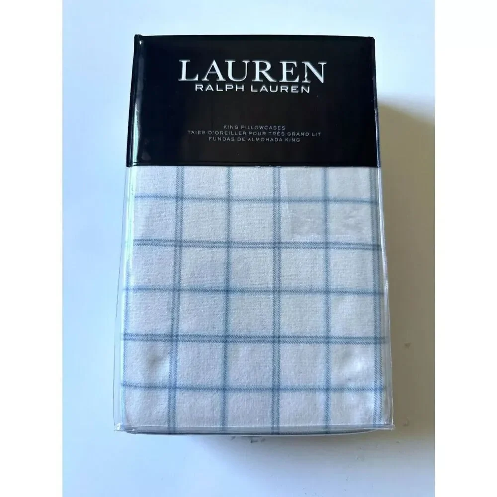 Ralph Lauren Flannel Millerton Plaid Standard Pillowcases Set 2 Blue White New